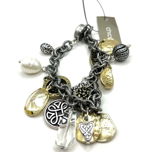Charm Chicos Silver Bracelet. Big Charms  Pearl, Crystal, Coins Mixed Metals - Picture 12 of 14